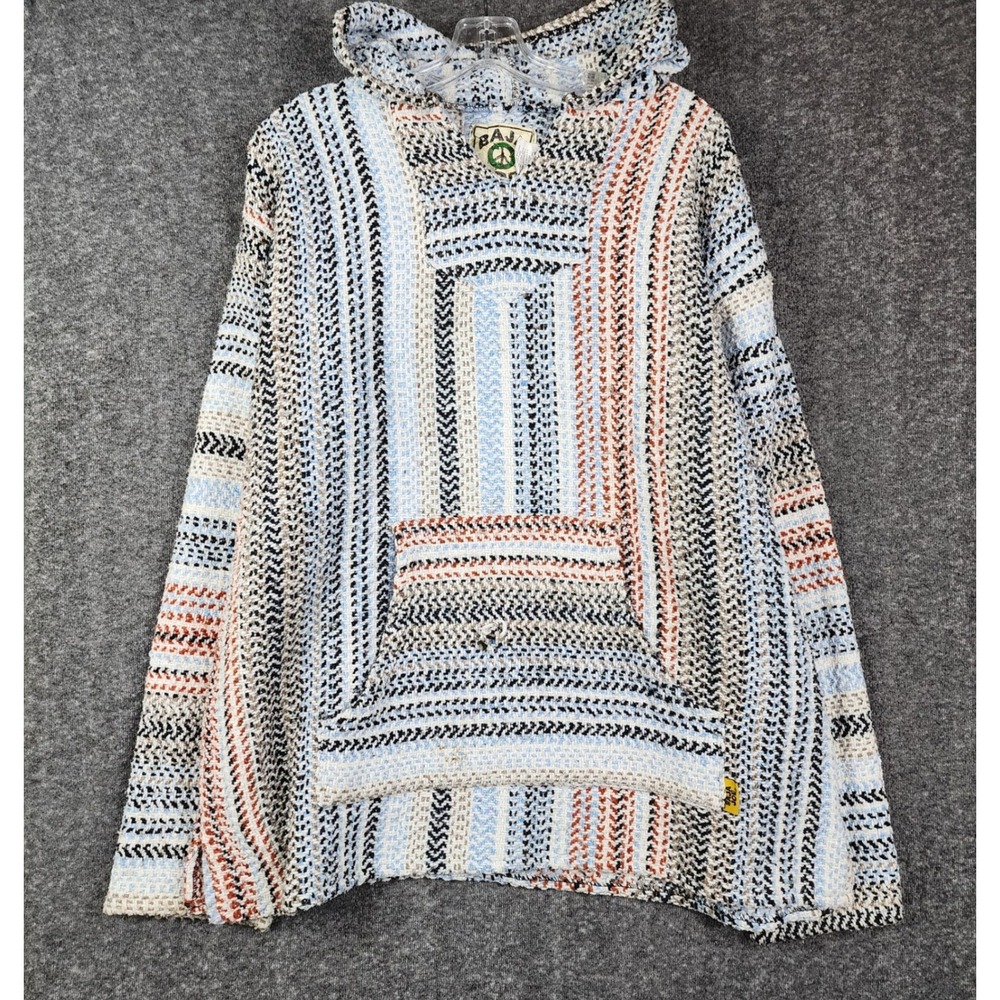 Baja Joe Hoodie Women XXL Blue Striped Woven Pullover Mexican Baja Poncho